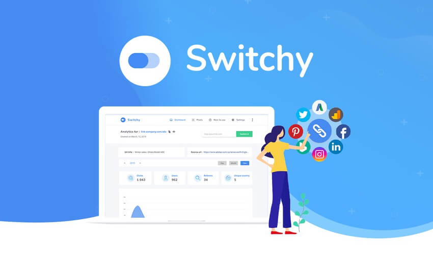Switchy illustration showing person by laptop with analytics dashboard and floating social media icons (Facebook, Twitter, LinkedIn), with Switchy logo and AppSumo badge at top left — featured in the 99signals AppSumo Deals roundup.