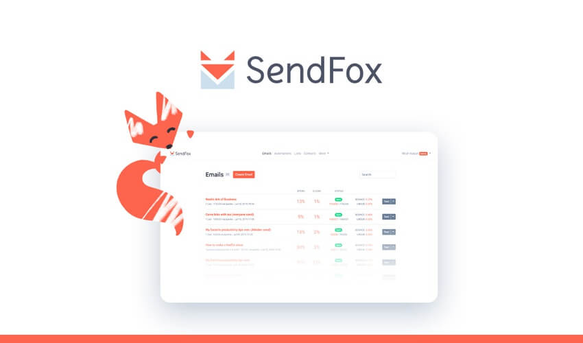 SendFox interface screenshot with logo and illustrated orange fox above an email management dashboard showing email list and status indicators — featured in the 99signals AppSumo Deals roundup.