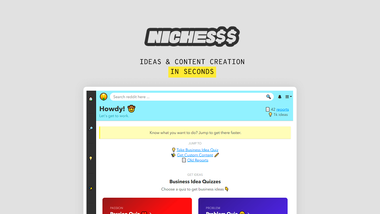 Nichesss website screenshot with tagline ‘Ideas & Content Creation in Seconds,’ showing search bar, greeting, and options for business idea quizzes and content generation — featured in the 99signals AppSumo Deals roundup.