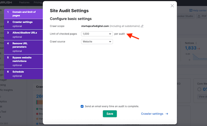 Semrush Site Audit Settings - Setup Wizard
