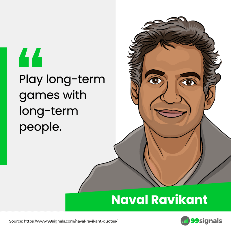 Illustrated portrait of Naval Ravikant with his quote ‘Play long-term games with long-term people,’ highlighted in green with citation from 99signals.com — featured in the Naval Ravikant Net Worth article.