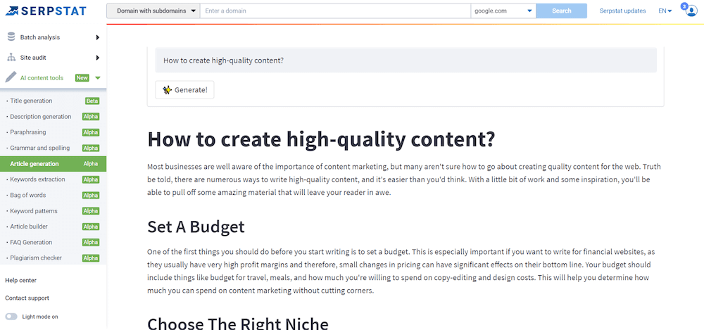 Serpstat - Content Analysis