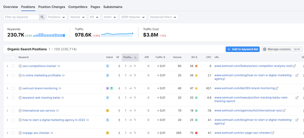 Semrush Organic Positions Report