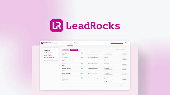 LeadRocks interface screenshot with logo above dashboard showing list of leads with names, companies, emails, phone numbers, and options to view or add notes — featured in the 99signals AppSumo Deals roundup.