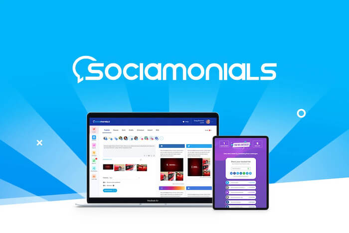 Sociamonials platform interface displayed on laptop and tablet with Sociamonials logo above on a blue background — featured in the 99signals AppSumo Deals roundup.