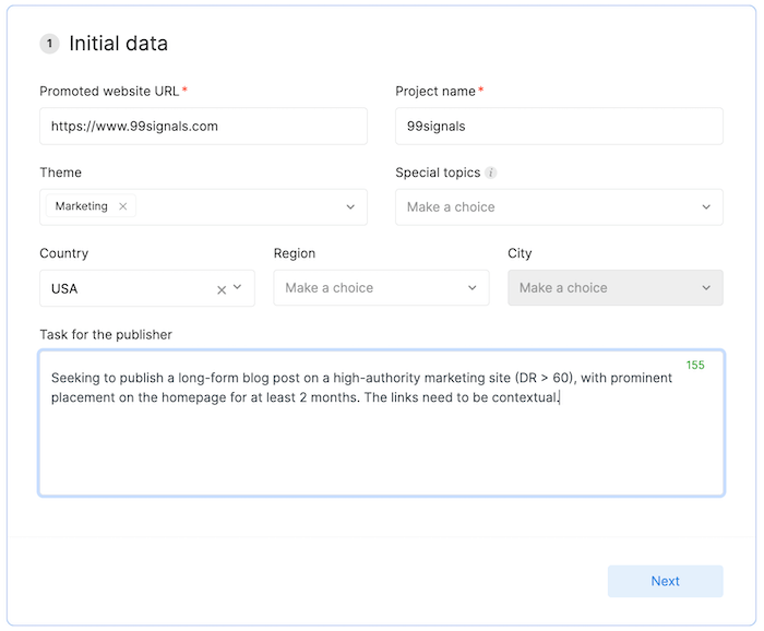 The "Initial data" form for advertisers on Collaborator, where users input details for their promoted website and define the task for publishers.