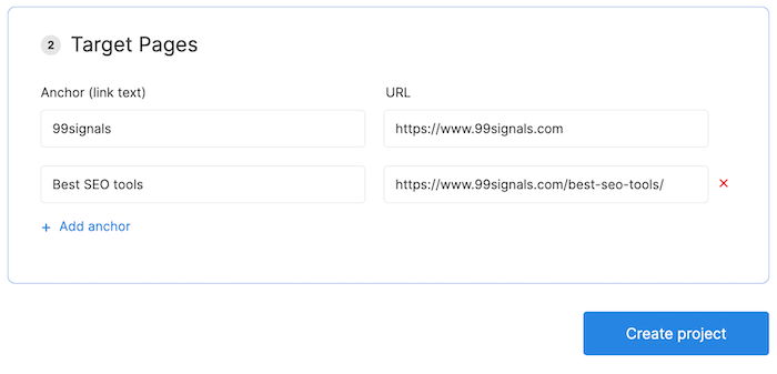 The "Target Pages" section for advertisers on Collaborator, where users specify anchor text and URLs for their link building campaigns.