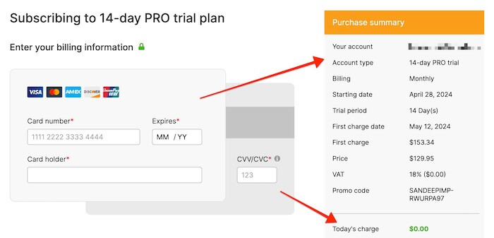 Semrush Pro Trial Plan - Billing Details