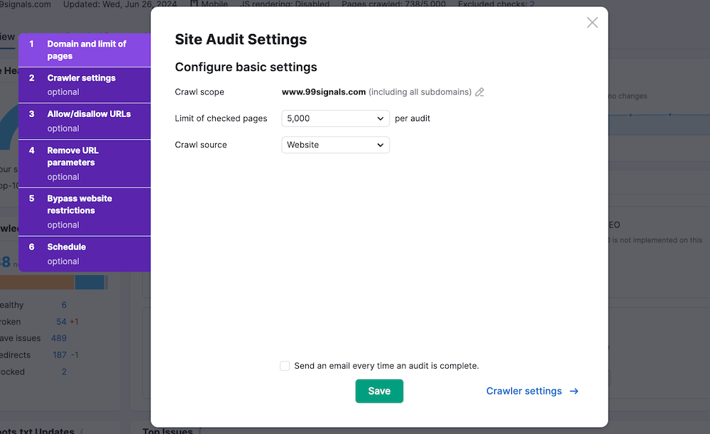 Semrush Site Audit Settings - SEO Traffic_99signals