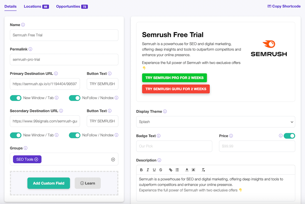 Lasso Dashboard - Link Details Page