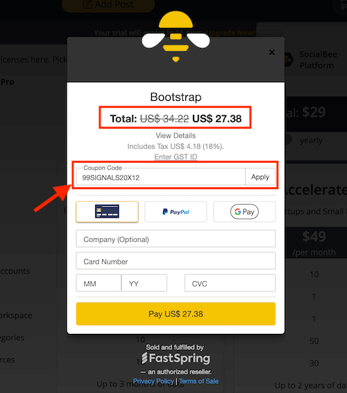 SocialBee Coupon Checkout