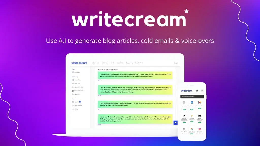 Writecream app interface displayed on laptop and smartphone with text ‘Use AI to generate blog articles, cold emails & voice-overs’ on a purple-blue gradient background — featured in the 99signals AppSumo Deals roundup.