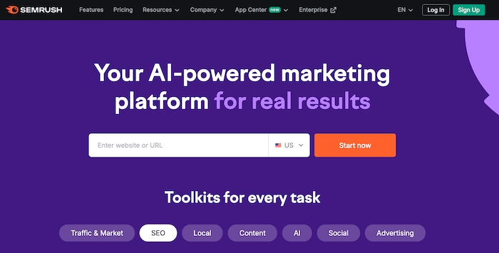 Screenshot of SEMrush homepage with the text Your AI-powered marketing platform for real results, showcasing a search bar and toolkits like SEO, Local, Content, Social, and Advertising—discover AI SEO tools to boost rankings.