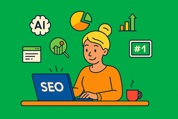 Featured graphic for 99signals article ‘7 Best AI SEO Tools to Boost Your Rankings’ showing illustration of woman at laptop with SEO on screen, surrounded by AI, graphs, and ranking icons.