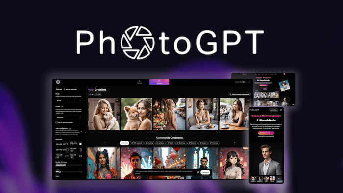 PhotoGPT dark-themed interface screenshot showing AI-generated portraits, editing tools panel, and a banner for creating professional AI headshots — featured in the 99signals AppSumo Deals roundup.