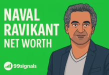 Featured graphic for 99signals article ‘Naval Ravikant Net Worth: Wealth Breakdown and Founder Playbook,’ showing illustration of Naval Ravikant with headline text on green background and 99signals logo.