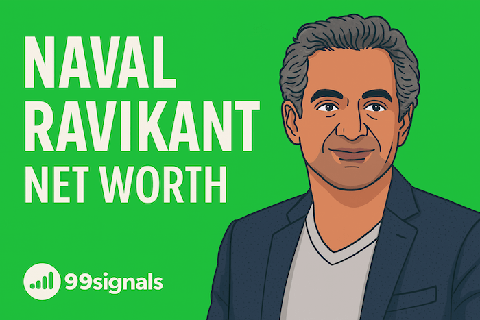 Featured graphic for 99signals article ‘Naval Ravikant Net Worth: Wealth Breakdown and Founder Playbook,’ showing illustration of Naval Ravikant with headline text on green background and 99signals logo.