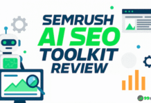 Featured graphic for 99signals article ‘Semrush AI SEO Toolkit Review’ showing a robot with charts and graphs, with 99signals logo in bottom corner.