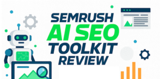 Featured graphic for 99signals article ‘Semrush AI SEO Toolkit Review’ showing a robot with charts and graphs, with 99signals logo in bottom corner.