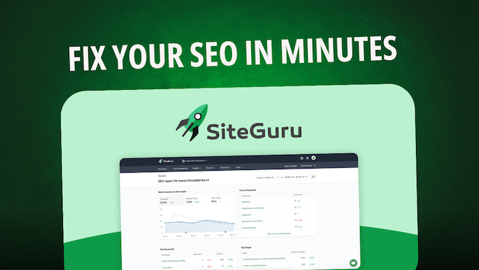 Featured graphic for 99signals article ‘SiteGuru Review & Tutorial’ showing text ‘Fix Your SEO in Minutes’ above SiteGuru logo with green rocket and screenshot of SEO report dashboard on green background.