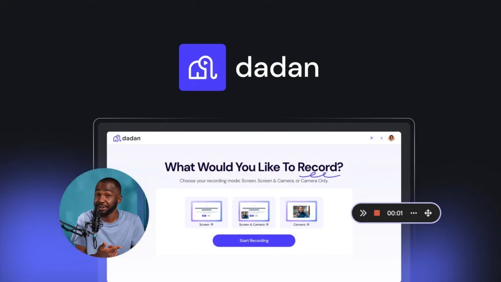 Dadan website screenshot showing options to record screen, camera, or both, with video thumbnail of a man gesturing and recording toolbar timer — featured in the 99signals AppSumo Deals roundup.