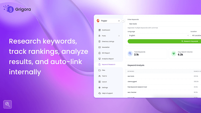 Grigora dashboard screenshot showing keyword research, rank tracking, and internal linking features on a purple background — featured in the 99signals AppSumo Deals roundup.