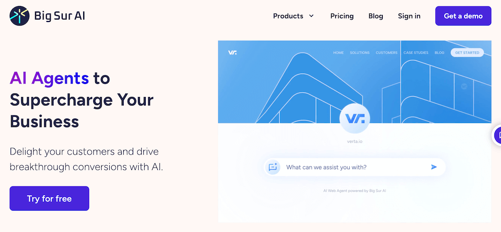 Screenshot of Big Sur AI’s website homepage, featuring the headline “AI Agents to Supercharge Your Business,” a navigation menu, and a prominent “Try for free” call-to-action—highlighting Big Sur AI - AI Agents in action.