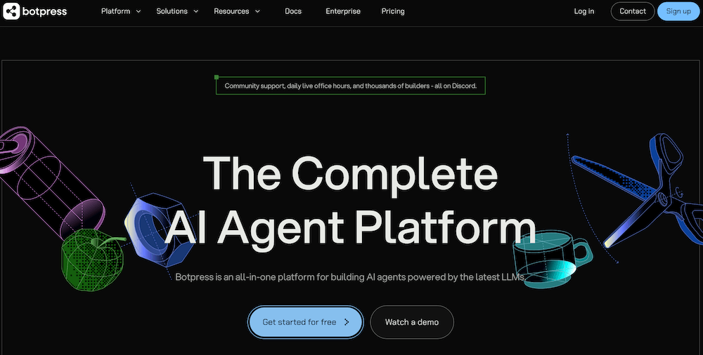Screenshot of the Botpress - AI Chatbot Platform homepage featuring the tagline The Complete AI Agent Platform, 3D graphics, and options to get started for free or watch a demo. The site menu and login/signup buttons are visible.