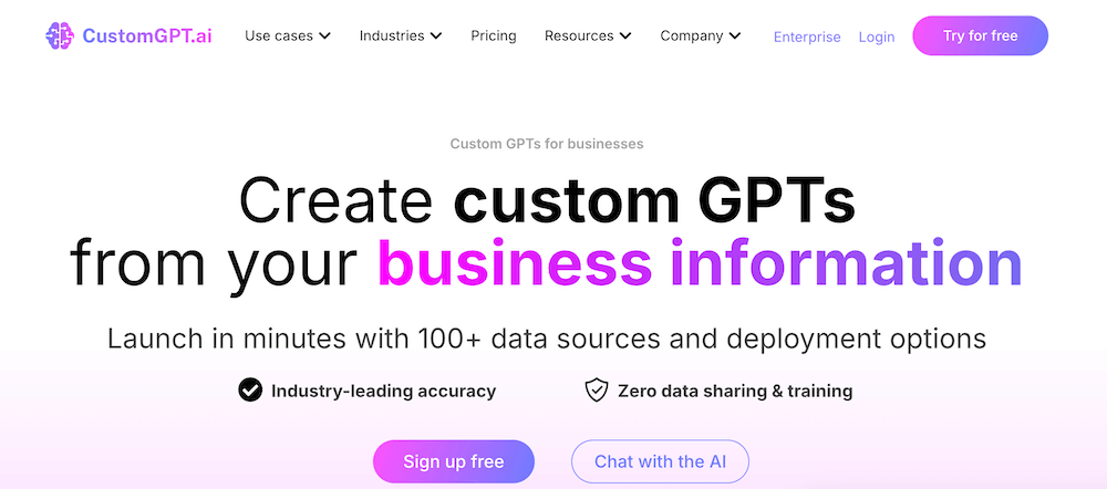 A website banner for CustomGPT.ai, the AI Chatbot Builder, displays: Create custom GPTs from your business information with options to sign up free or chat with the AI. Icons highlight industry-leading accuracy and zero data sharing.