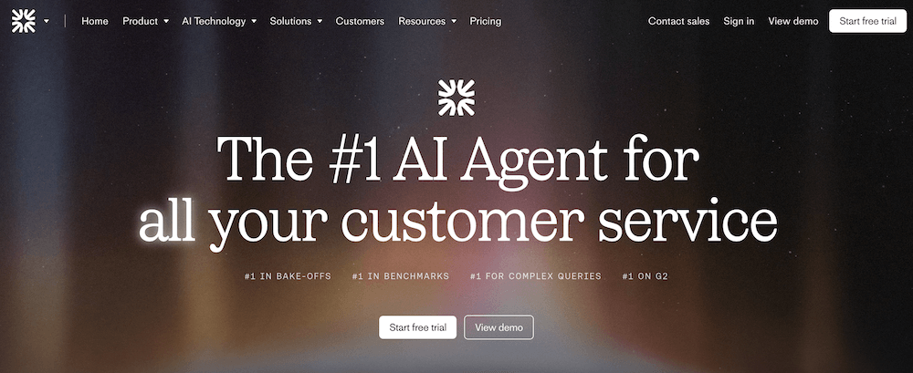 A website homepage promoting Intercom AI Chatbots for customer service, featuring large white text stating The #1 AI Agent for all your customer service on a dark background with navigation links and buttons for trial and demo.