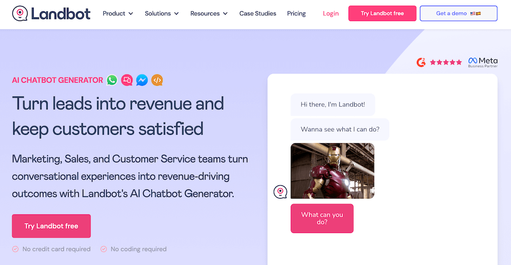 Screenshot of Landbot - AI Chatbot Builder's website