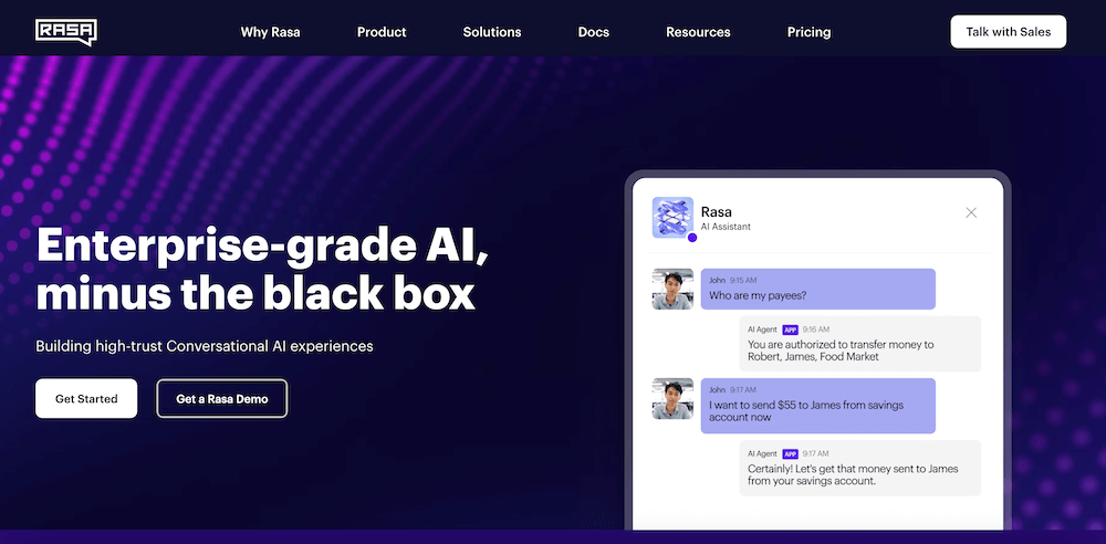 A website homepage for Rasa shows a dark-themed header and a sample chat interface, highlighting enterprise-grade AI Chatbot Software for secure conversational experiences. Buttons for Get Started and Get a Rasa Demo are visible.