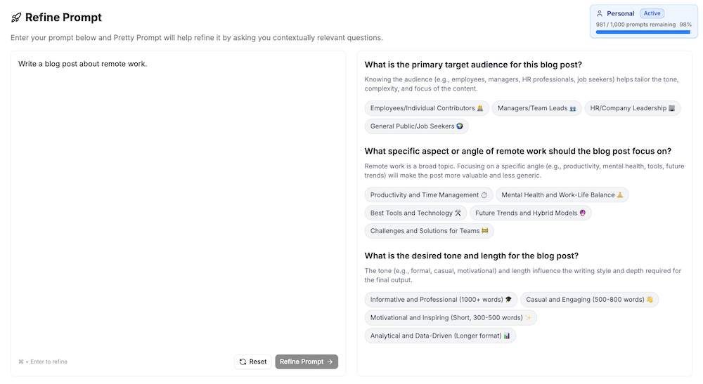 Pretty Prompt - Refine Prompt Questions