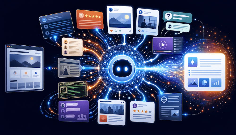 Illustration of an AI system pulling brand information from websites, reviews, forums, social media posts, videos, and articles to generate a summarized response.